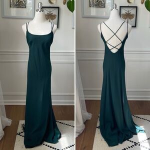 Vintage 90s Night Way Emerald Green Strappy Back Slip Dress Gown 4 XS